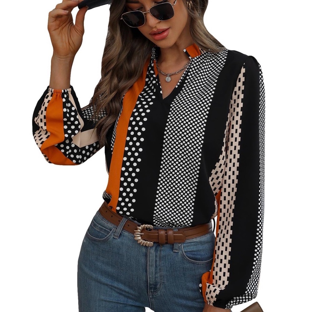 SHEIN Black and Orange Geometric Blouse